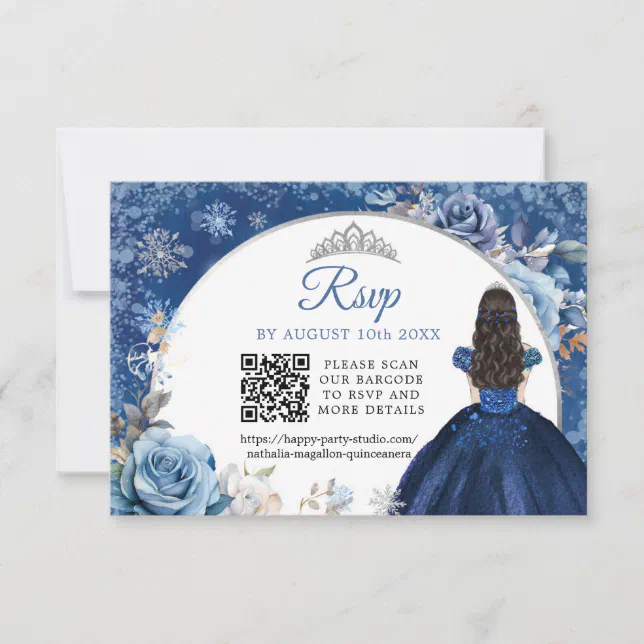 Navy Blue Winter Snowflake Quinceanera QR Code RSVP Card | Zazzle