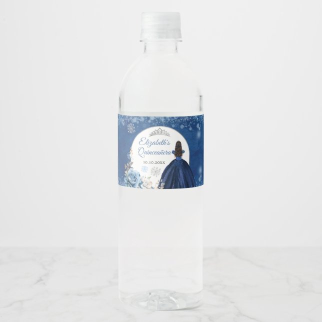 Navy Blue Winter Snowflake Sweet 15th Birthday Water Bottle Label (Front)