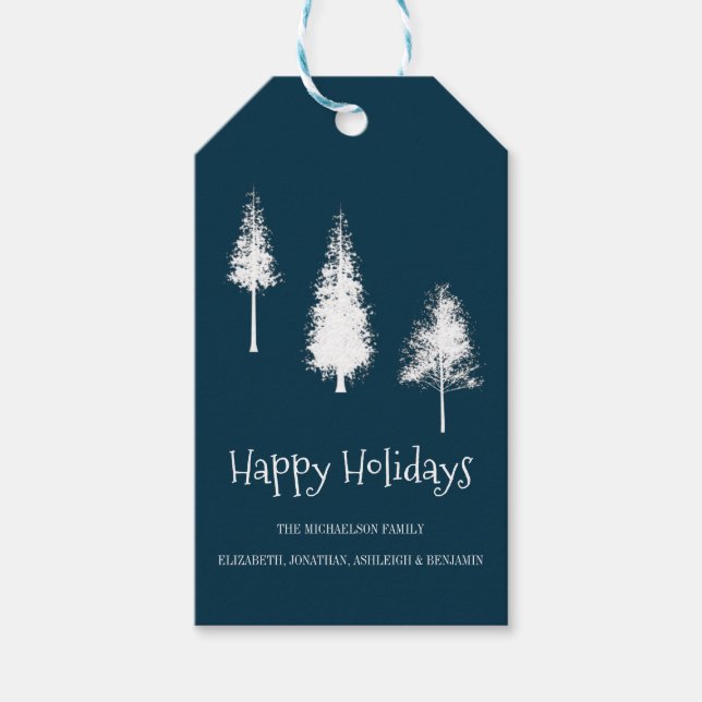 Navy Blue Winter Trees Gift Tags (Front)