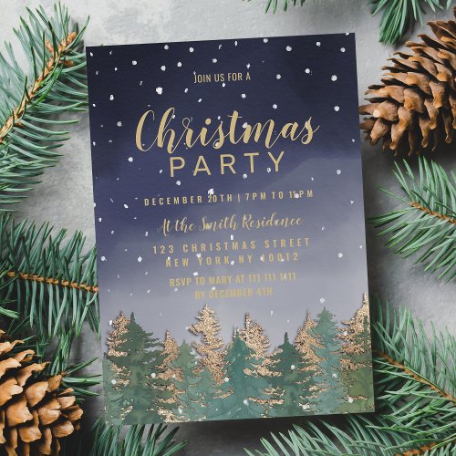Navy Blue Winter Watercolor Snow Trees Christmas  Invitation