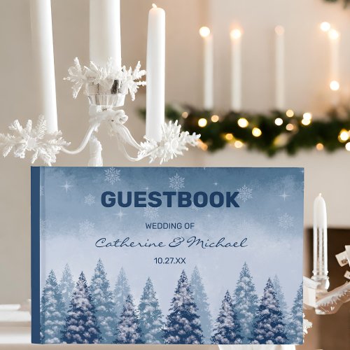 Navy Blue Winter Wonderland Pine Christmas Wedding Guest Book
