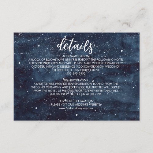 Navy Blue Wintery Watercolor Night Wedding Detail Enclosure Card - This elegant winter watercolor snowy winter scene is perfect for your winter wonderland wedding.