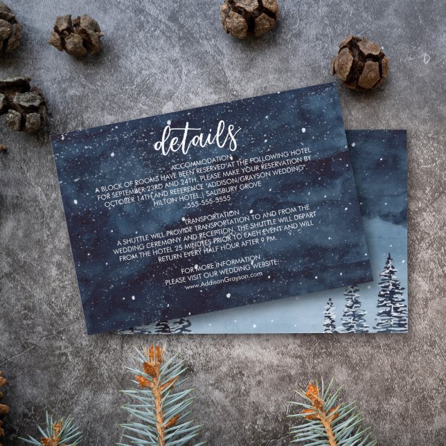 Navy Blue Wintery Watercolor Night Wedding Detail Enclosure Card (Winter wonderland watercolor snow night wedding detail card for and elegant winter wedding.)