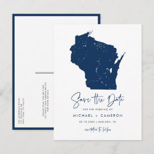 Navy Blue Wisconsin Map QR Code Save the Date Announcement Postcard
