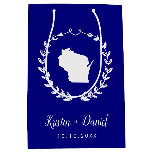 Navy Blue Wisconsin Map Wedding Welcome Swag Medium Gift Bag (Front)