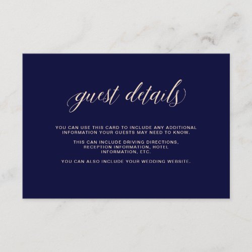 Navy Blue with Blush Typography  Guest Details Enclosure Card