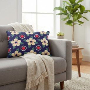 Navy Blue with Cream Flowers Accent Pillow