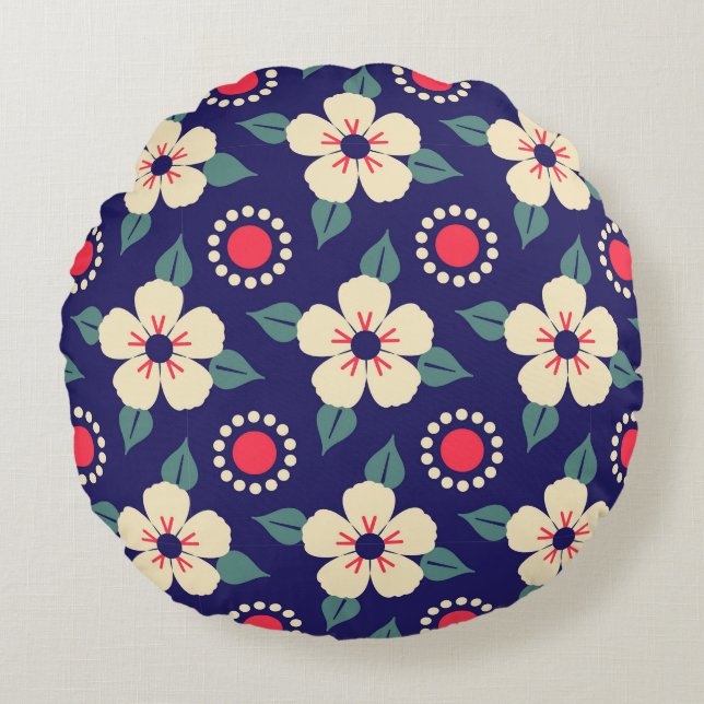 Navy Blue with Cream Flowers Round Pillow (Front)