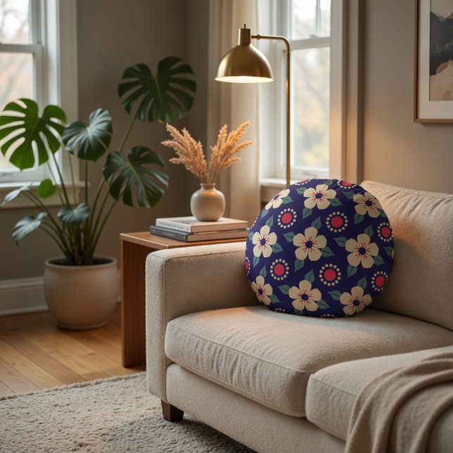 Navy Blue with Cream Flowers Round Pillow (Creator Uploaded)
