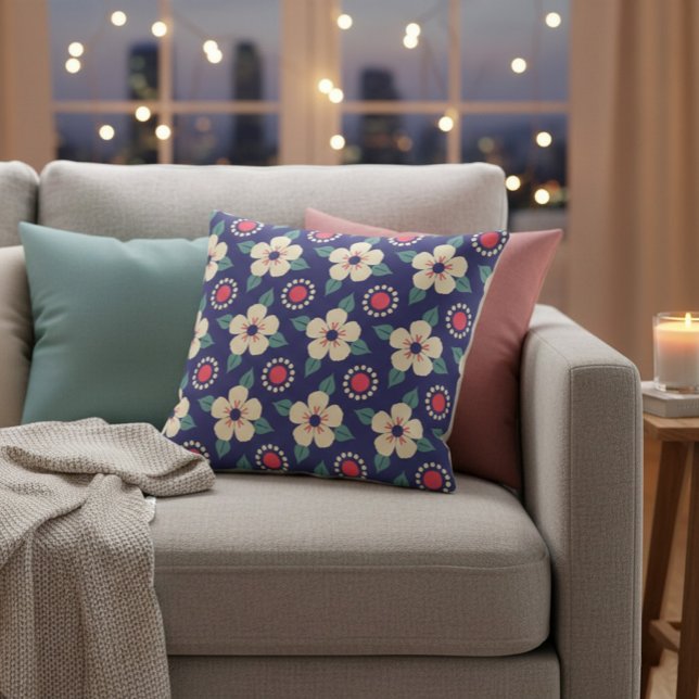 Navy Blue with Cream Flowers Throw Pillow (Creator Uploaded)