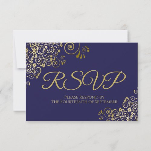 Navy Blue with Elegant Gold Lace Wedding RSVP Card