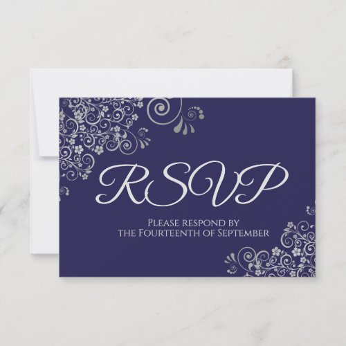 Navy Blue with Elegant Silver Lace Wedding RSVP Card