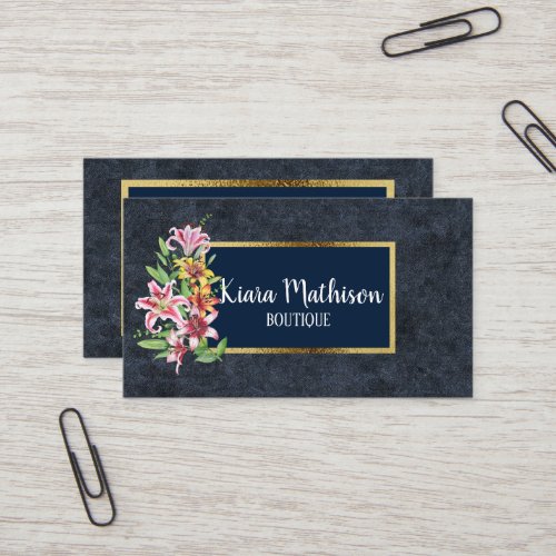 Navy Blue with Gold and Floral Boutique Business Business Card