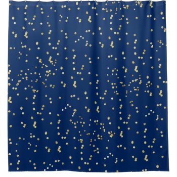 Navy Blue With Gold Confetti Scattered Polka Dots Shower Curtain by inspirationzstore at Zazzle