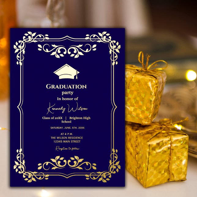 Navy Blue with Gold Ornate Frame Graduation  Foil Invitation (Elegant navy blue and gold graduation design with an ornate frame. #navyblue #goldframe #decorative)