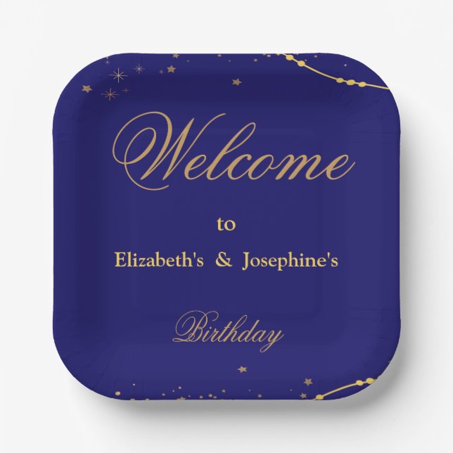  Navy blue with gold stars double joint birthday Paper Plates (Front)