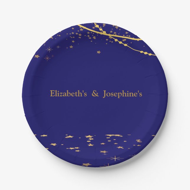  Navy blue with gold stars double joint birthday Paper Plates (Front)