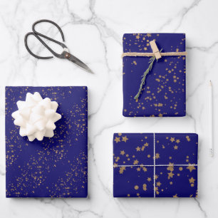 Navy blue with gold stars double joint birthday Wrapping Paper Sheets