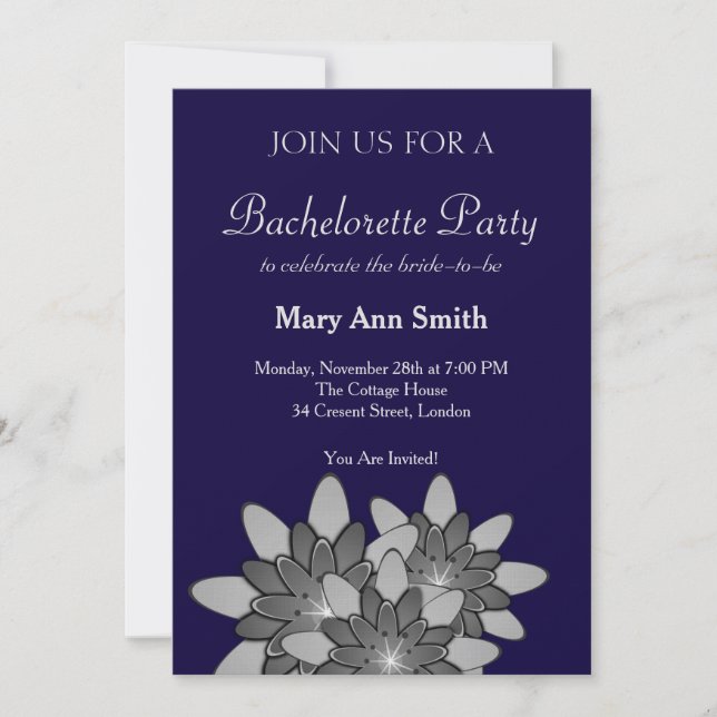 Navy Blue with Gray Floral Lotus Invitation (Front)