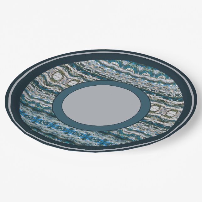 Navy Blue With Grey Patterned Paper Plates (Angled)