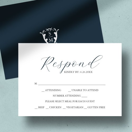 Navy Blue with Meal Choice Monogram RSVP Cards