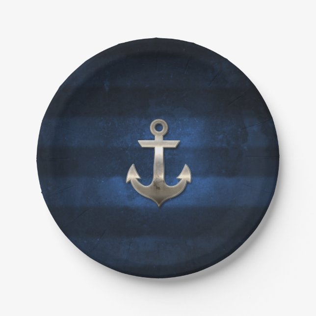 Navy Blue with Metal Anchor Paper Plates (Front)