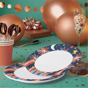 Navy Blue with Minimalist Fireworks and Moon Paper Plates