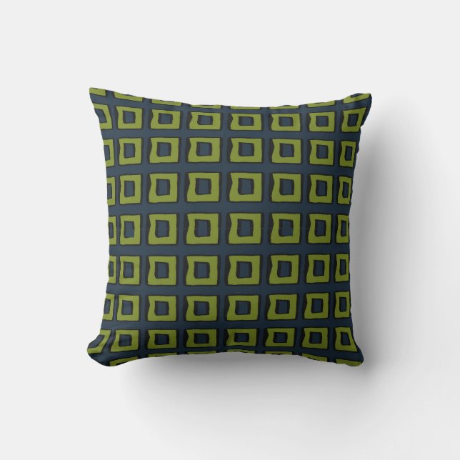 Navy Blue with Moss Green Boxes Squares Throw Pillow (Front)
