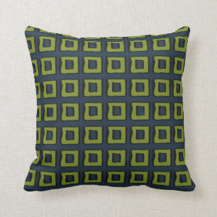 Navy Blue with Moss Green Boxes Squares Throw Pillow