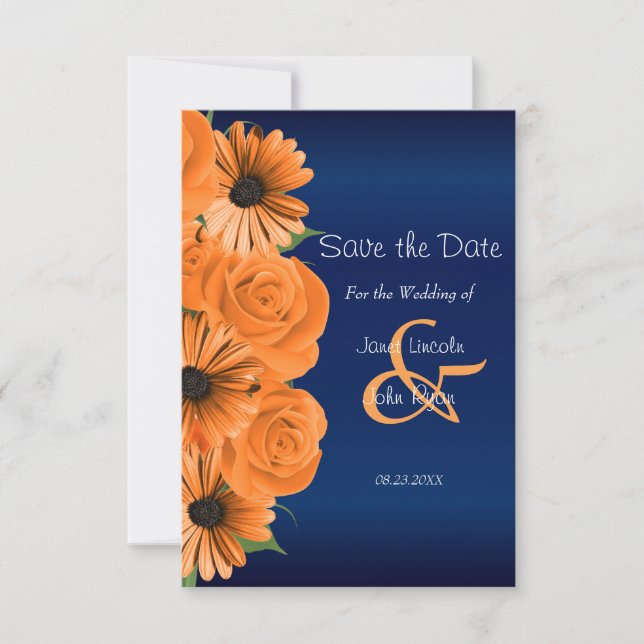 Navy Blue with Orange Roses  - Save The Date (Front)