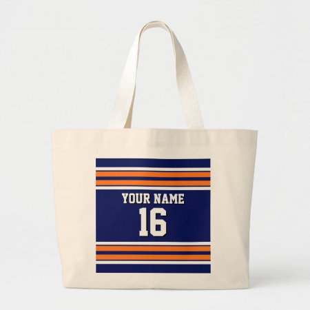 Navy Blue With Orange White Stripes Team Jersey Large Tote Bag