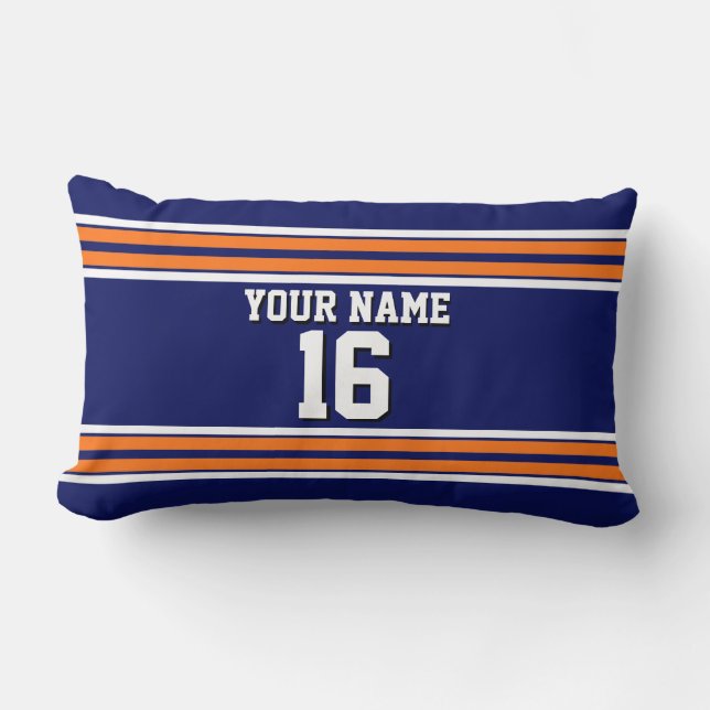 Navy Blue with Orange White Stripes Team Jersey Lumbar Pillow (Front)