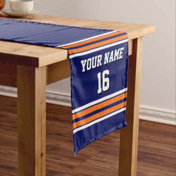 Navy Blue With Orange White Stripes Team Jersey Medium Table Runner by FantabulousSports at Zazzle