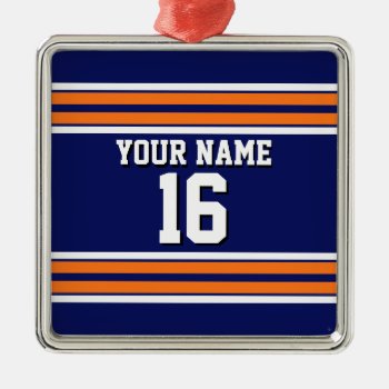 Navy Blue With Orange White Stripes Team Jersey Metal Ornament by FantabulousSports at Zazzle