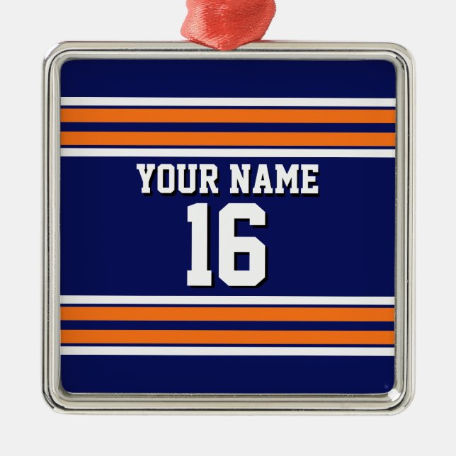 Navy Blue with Orange White Stripes Team Jersey Metal Ornament (Front)