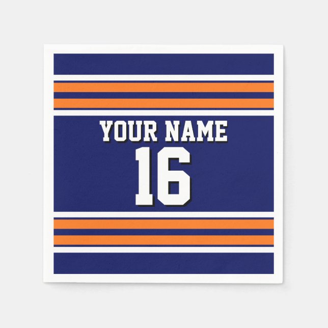 Navy Blue with Orange White Stripes Team Jersey Napkins (Front)