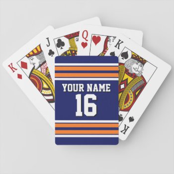 Navy Blue With Orange White Stripes Team Jersey Playing Cards by FantabulousSports at Zazzle