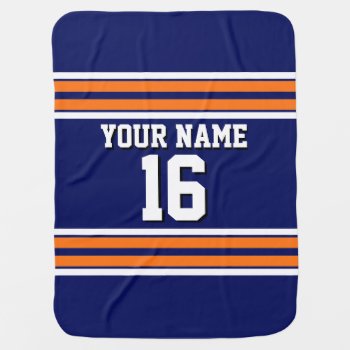 Navy Blue With Orange White Stripes Team Jersey Receiving Blanket by FantabulousSports at Zazzle