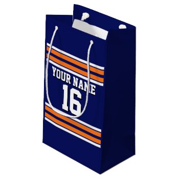 Navy Blue With Orange White Stripes Team Jersey Small Gift Bag by FantabulousSports at Zazzle