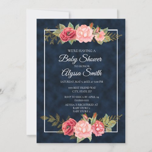 Navy Blue with Pink Red Floral Baby Shower Invite