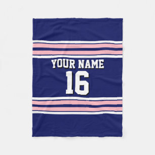 Navy Blue with Pink White Stripes Team Jersey Fleece Blanket