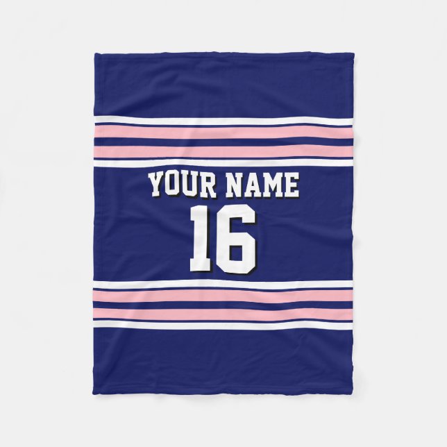 Navy Blue with Pink White Stripes Team Jersey Fleece Blanket (Front)