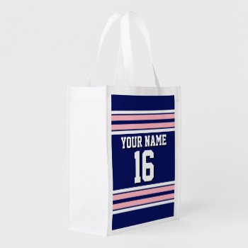 Navy Blue With Pink White Stripes Team Jersey Grocery Bag by FantabulousSports at Zazzle