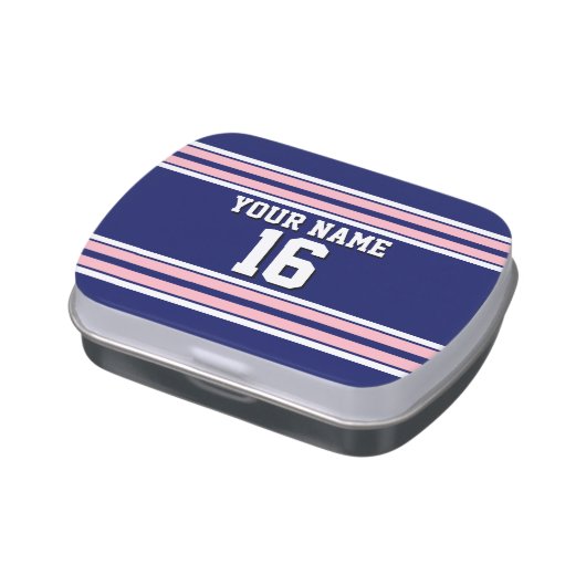 Navy Blue with Pink White Stripes Team Jersey Jelly Belly Tin (Side)