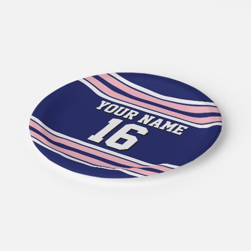 Navy Blue with Pink White Stripes Team Jersey Paper Plates