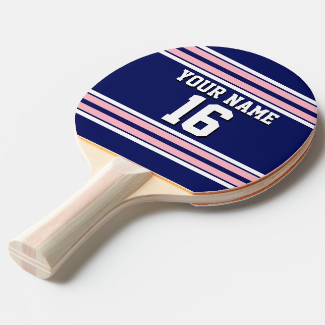 Navy Blue with Pink White Stripes Team Jersey Ping-Pong Paddle (Front Angle)