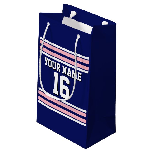 Navy Blue with Pink White Stripes Team Jersey Small Gift Bag (Back Angled)