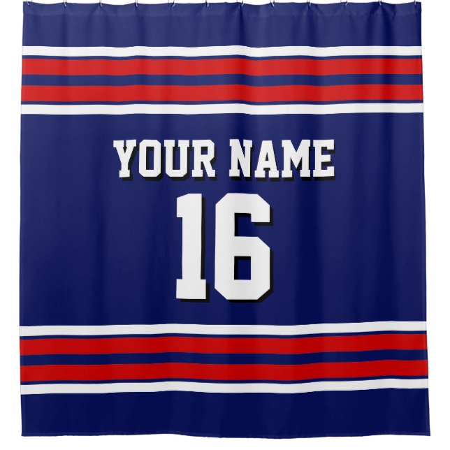 Navy Blue with Red White Stripes Sports Jersey Shower Curtain (Front)