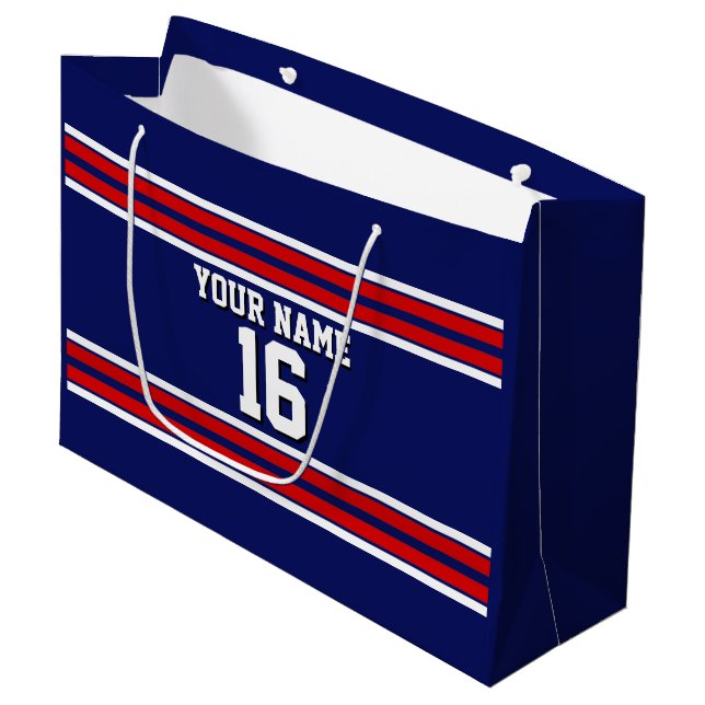 Navy Blue with Red White Stripes Team Jersey Large Gift Bag (Front Angled)