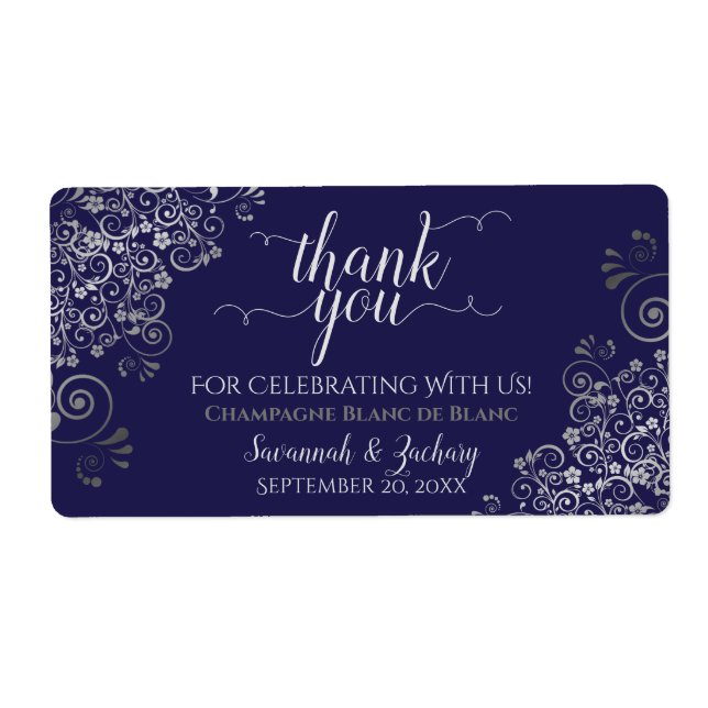 Navy Blue with Silver Lace Budget Wedding Favor Label (Front)